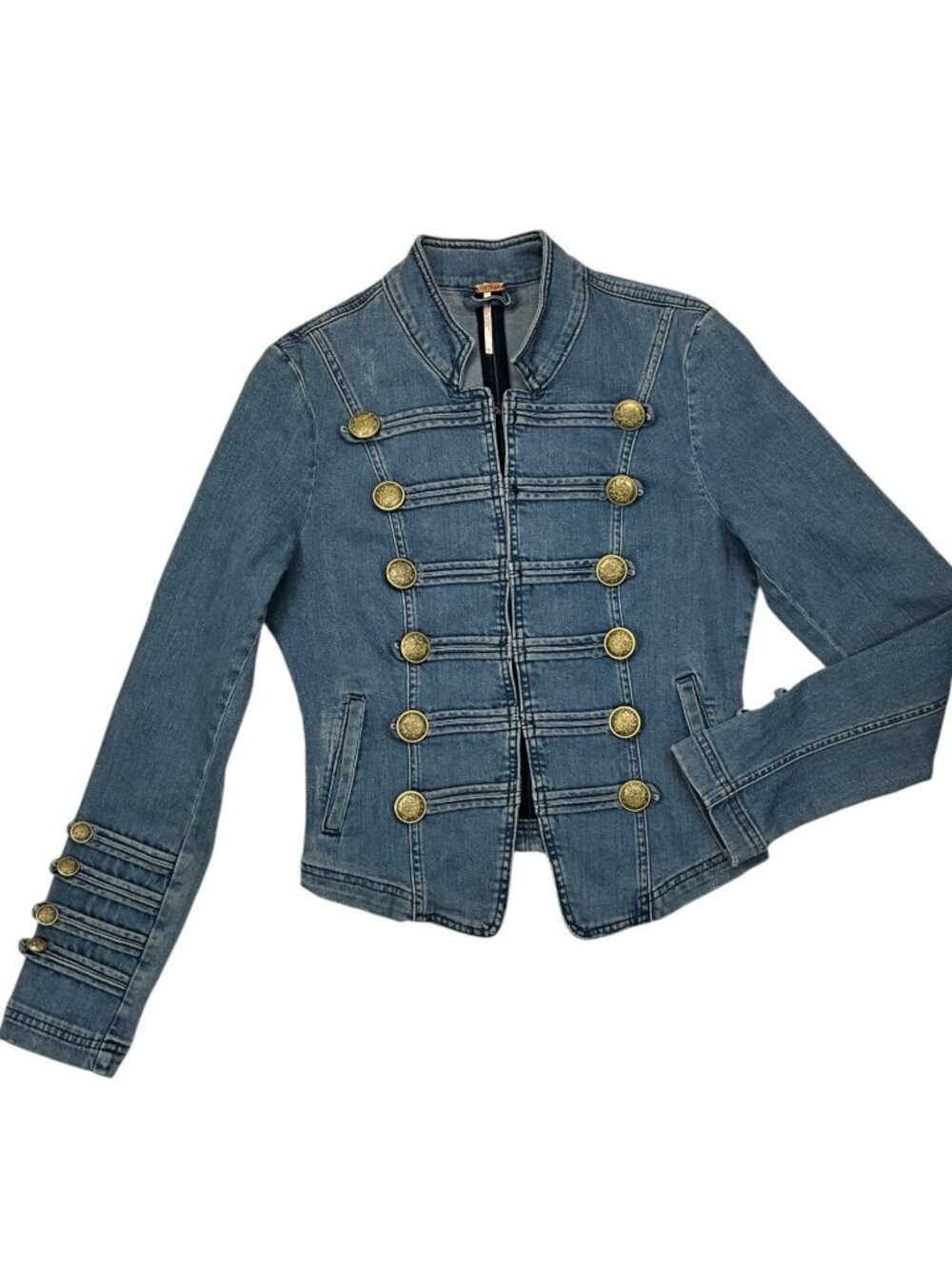 Free People Fitted Military Denim Jacket S Blue Cropped - Picture 16 of 16